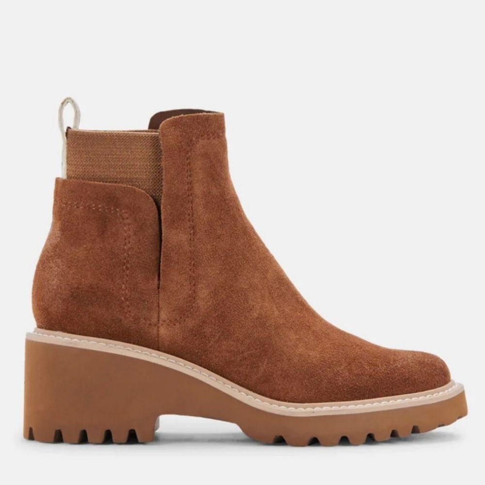 New Santorini Suede Leather Lug Ankle Chelsea Boot Booties Sz 6 Camel Brown Tan